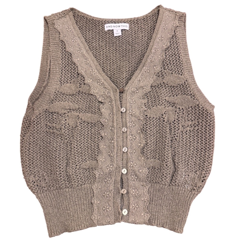 Pointelle Knit Lace Trim Olive Green Cottage Core Button Front Fairy Vest Medium